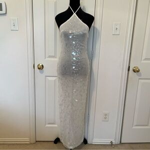 White Fox Boutique White Sequin Halter Maxi Dress